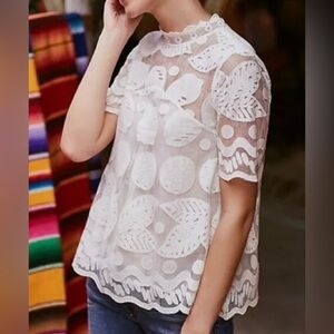 NWOT Catherine Malandrino Lemon Lily Lace Eyelet Short Sleeve Top Blouse L Large